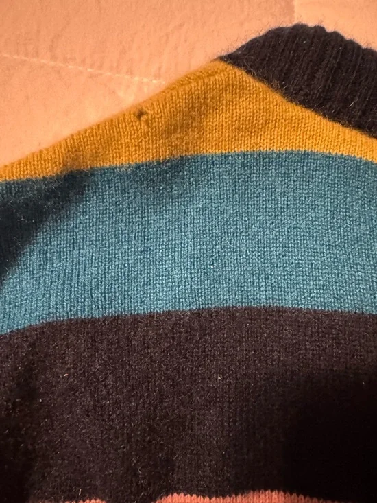 KULE Navy-Trim Striped V-Neck Cardigan in Coral, Teal & Olive - Picture 9 of 15